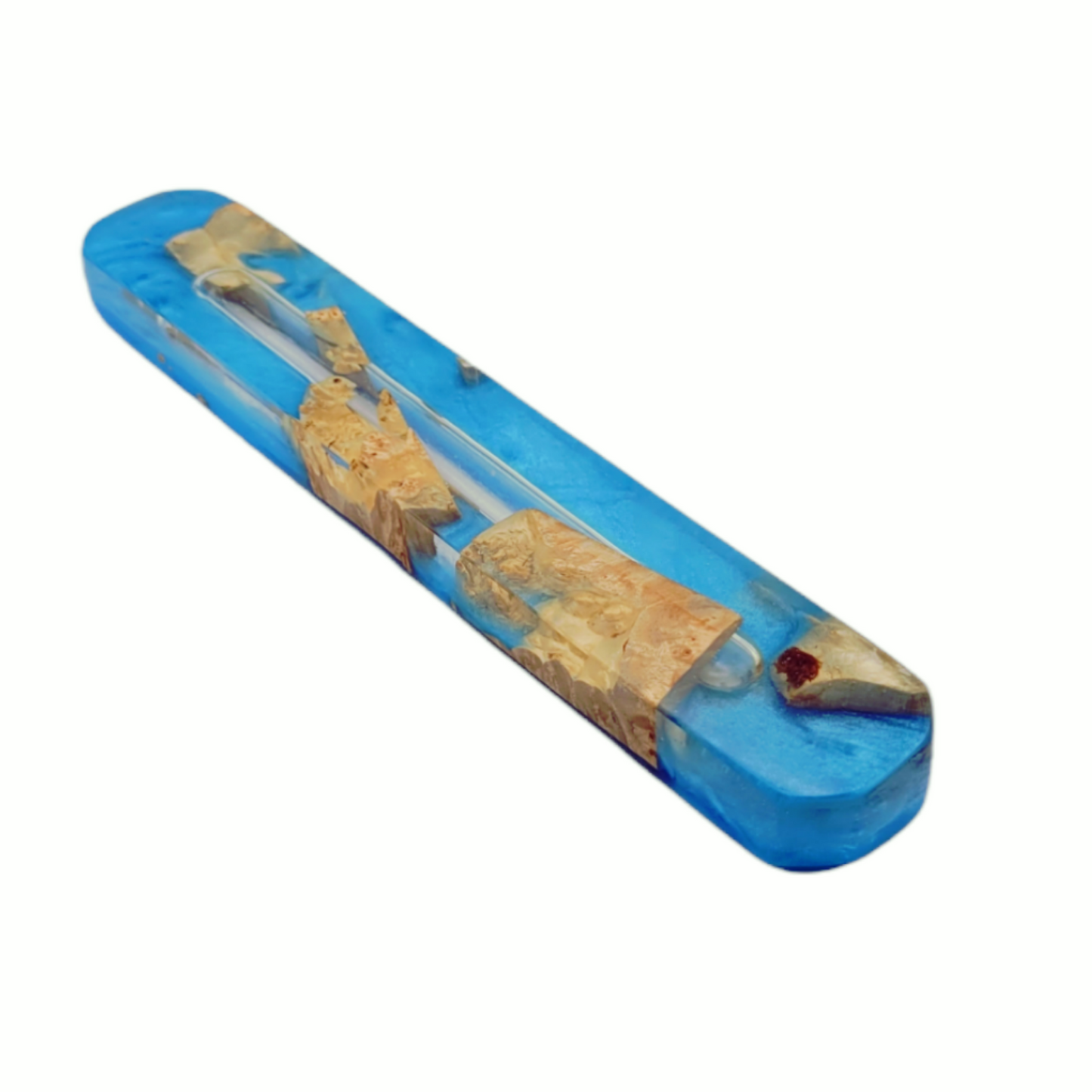 Mezuzah Holder Burl Wood With Blue Epoxy Background and Clear Epoxy