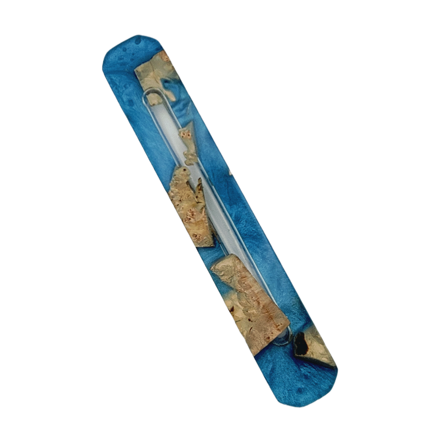 Mezuzah Holder Burl Wood With Blue Epoxy Background and Clear Epoxy