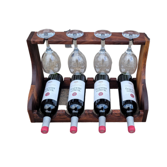 Wine Holder 4 Bottle Wine Bottle & Glass Rack Black Walnut Wood