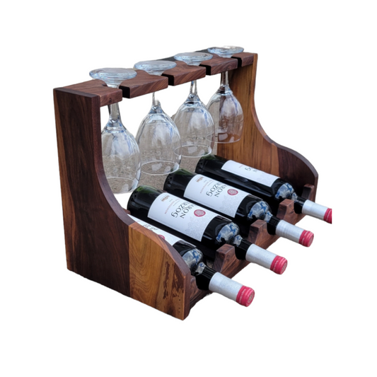 Wine Holder 4 Bottle Wine Bottle & Glass Rack Black Walnut Wood